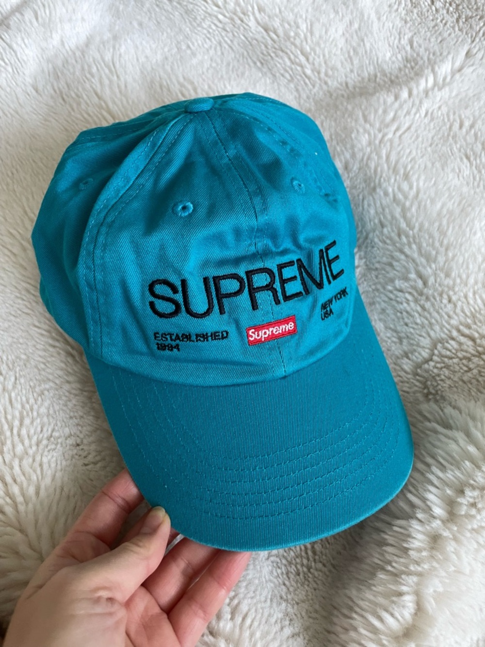 Supreme Teal and Black Logo Strapback Cap
